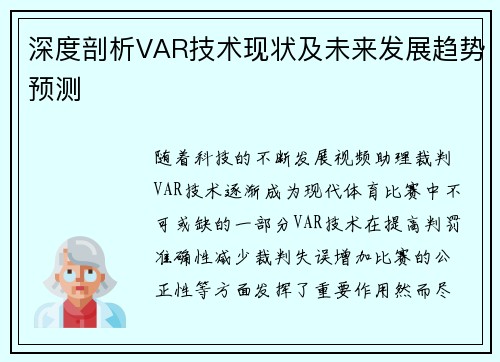 深度剖析VAR技术现状及未来发展趋势预测