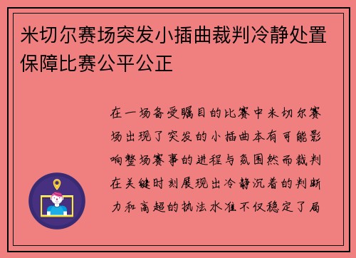 米切尔赛场突发小插曲裁判冷静处置保障比赛公平公正