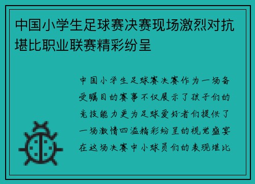 中国小学生足球赛决赛现场激烈对抗堪比职业联赛精彩纷呈