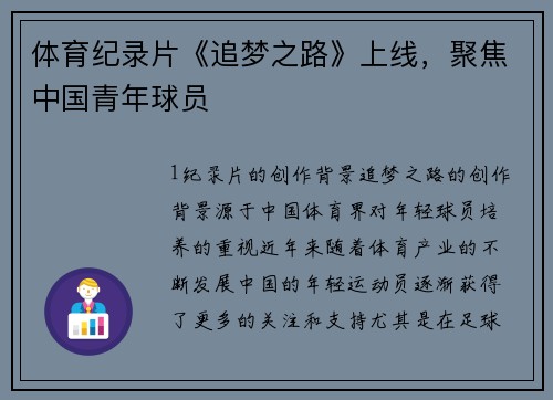体育纪录片《追梦之路》上线，聚焦中国青年球员