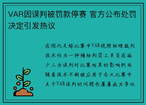VAR因误判被罚款停赛 官方公布处罚决定引发热议